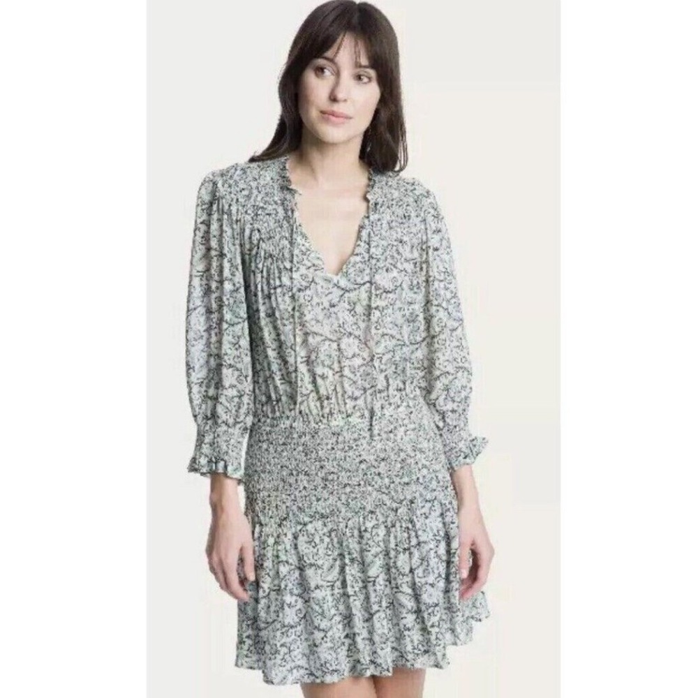 Frye Cream Chelsea Mini Dress Women's Small Floral Smocked V Neck 3/4 Sleeve‎